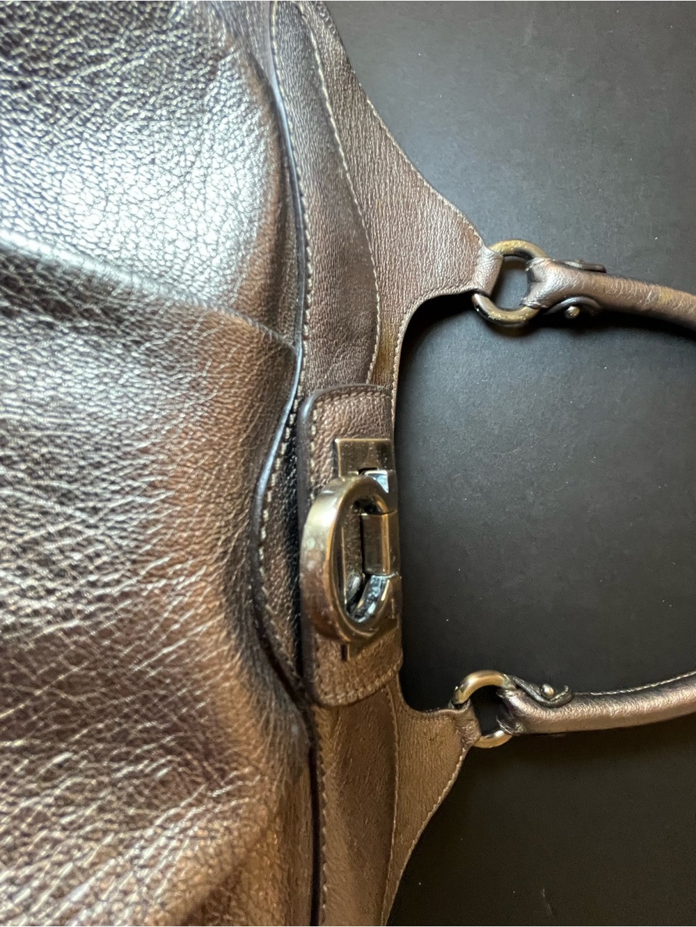 Salvatore Ferragamo Gancini Leather Bronze/gold Top-Handle Satchel - Picture 10 of 16